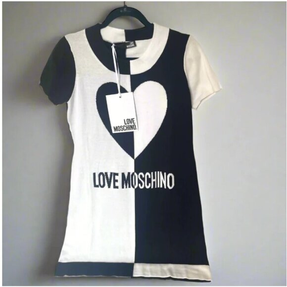 Love Moschino Mini Sweater Dress 8 Black Cotton Logo Black White Heart IT40 - Picture 2 of 9